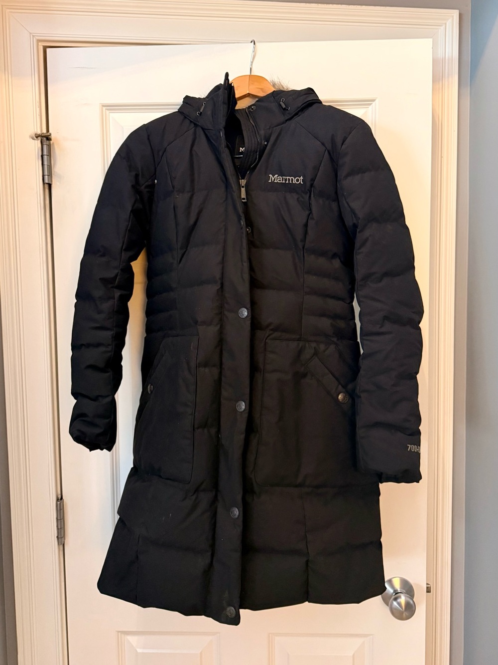 Marmot Women’s Black Long Puffer Coat with Hood